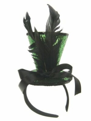 Mini hoge hoed op hoofdband metallic groen+veren-0