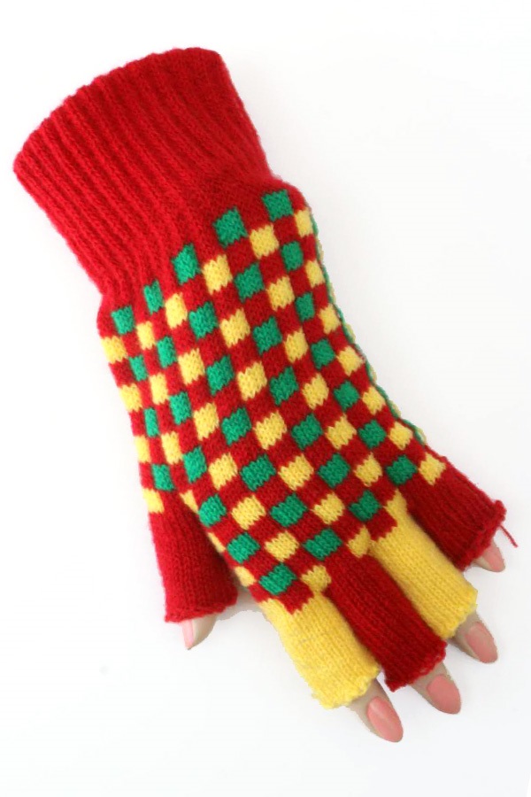 Vingerloze handschoen rood/geel/groen geblokt 1