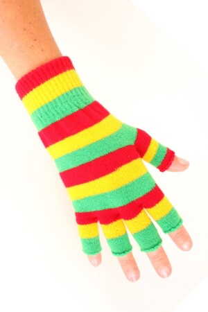 Vingerloze handschoen rood/geel/groen smalle streep