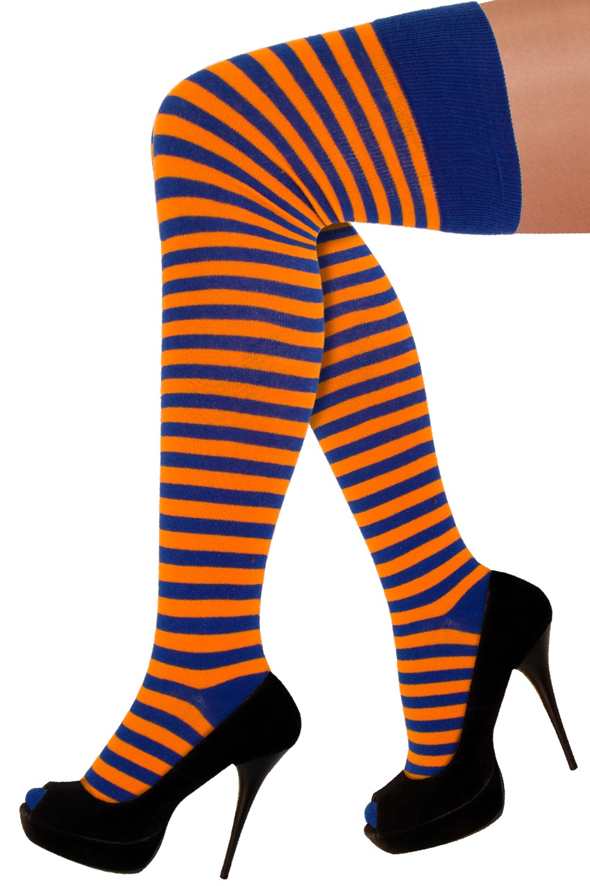 Lange sokken oranje/blauw gestreept