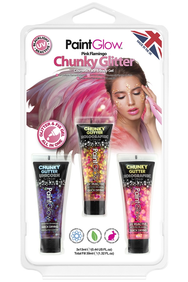 Blister set UV chunky glitter face & body gel Pink Flamingo 1