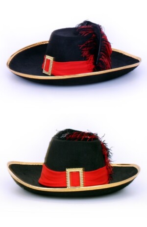 Musketier hoed zwart/rood met band en veer