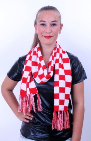 Sjaal gebreid rood/wit geblokt 160 x 18 cm.